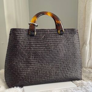 Asiaphile Los Angeles Woven Dark Brown Tote Bag with Tortoiseshell Handles